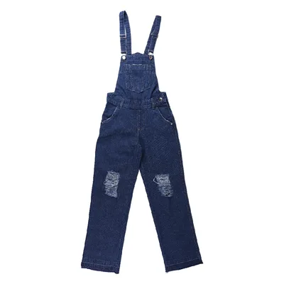 Jardineira Jeans Juvenil Pami Com Puídos E Bolso Frontal